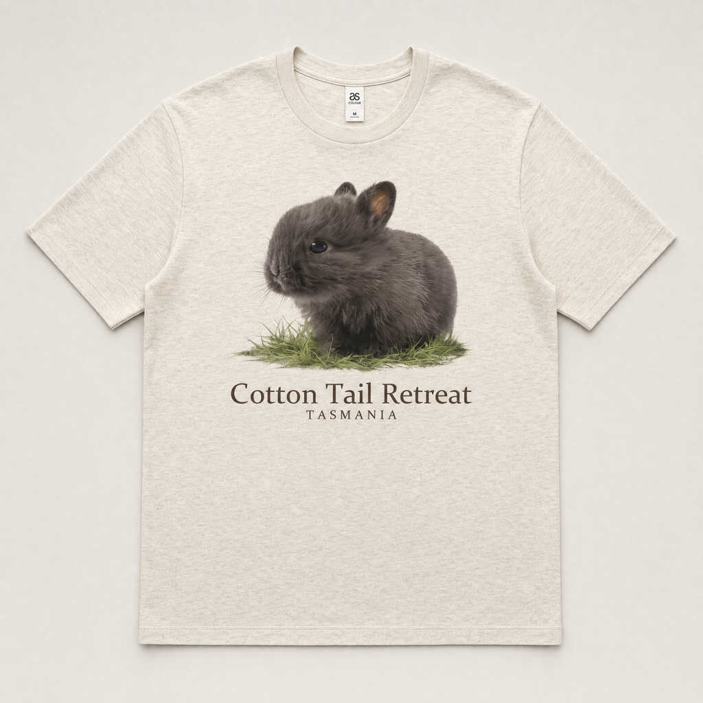 Baby Wombat tee in Natural — grey baby rabbit print, Cotton Tail Retreat Tasmania