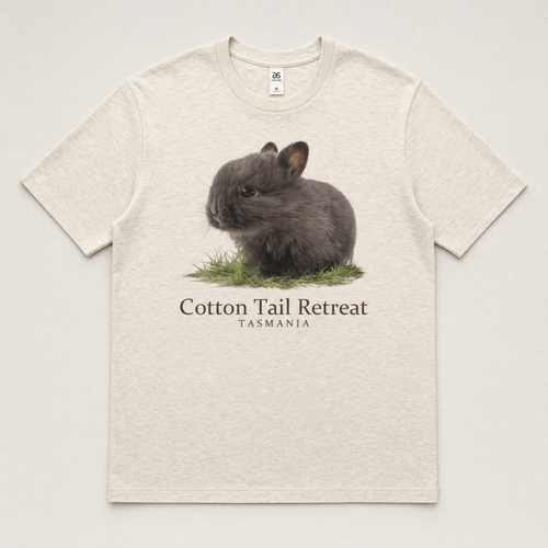 Baby Wombat tee in Natural — grey baby rabbit print, Cotton Tail Retreat Tasmania