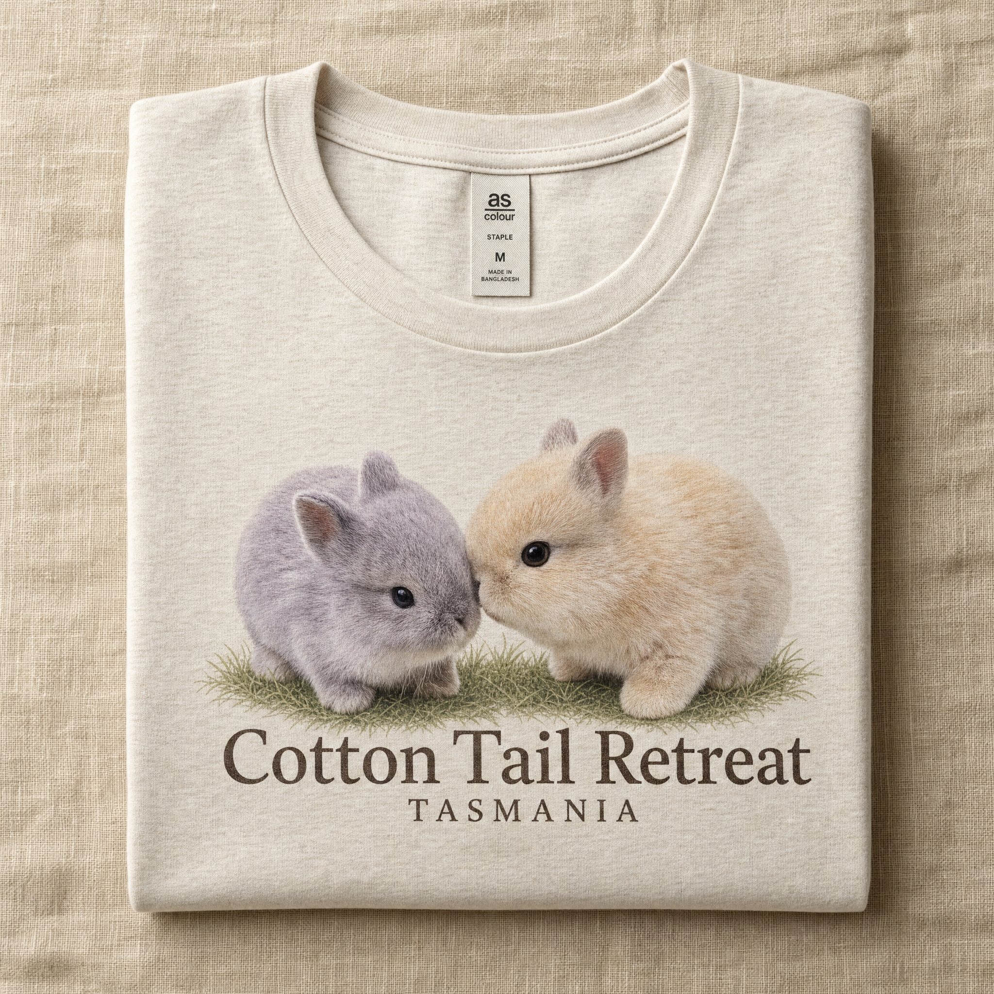 Cottontail Duo tee in Ecru — two baby rabbits print