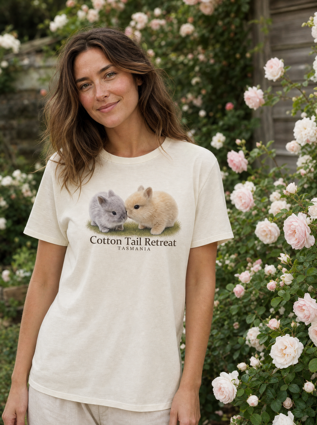 Cottontail Duo tee worn by a model in a Tasmanian garden