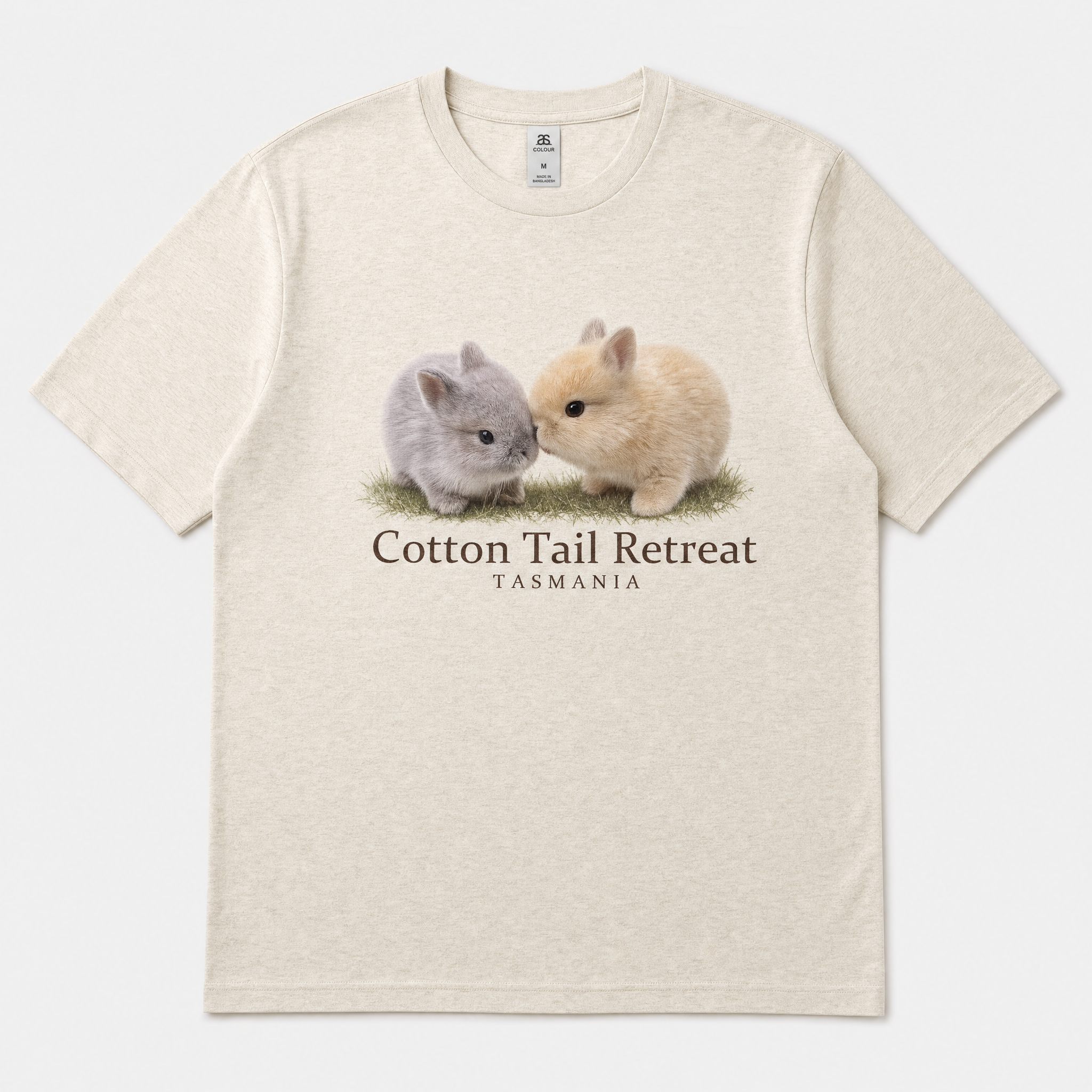 Cottontail Duo tee in Natural — two baby rabbits print, Cotton Tail Retreat Tasmania