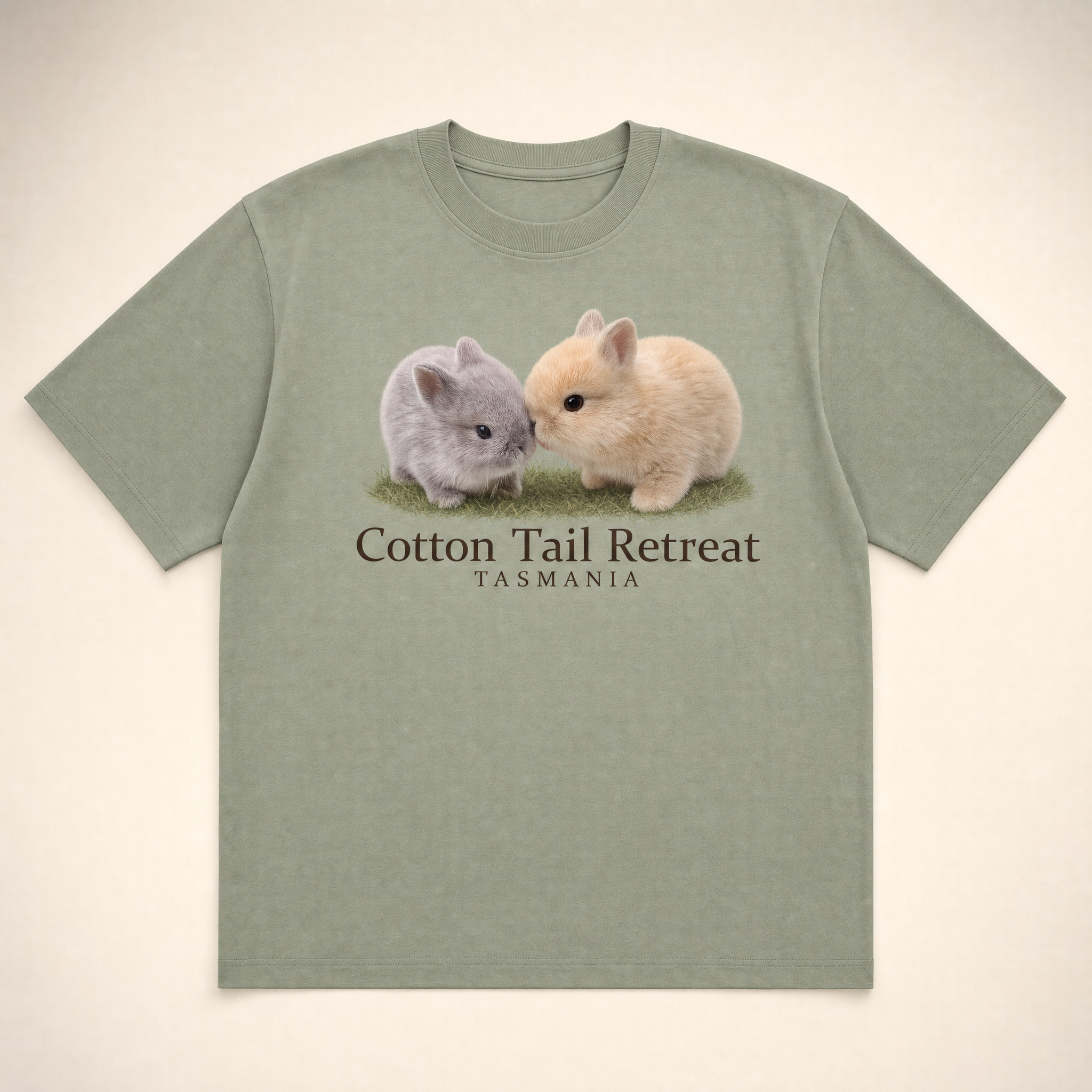 Cottontail Duo tee in Sage — two baby rabbits print