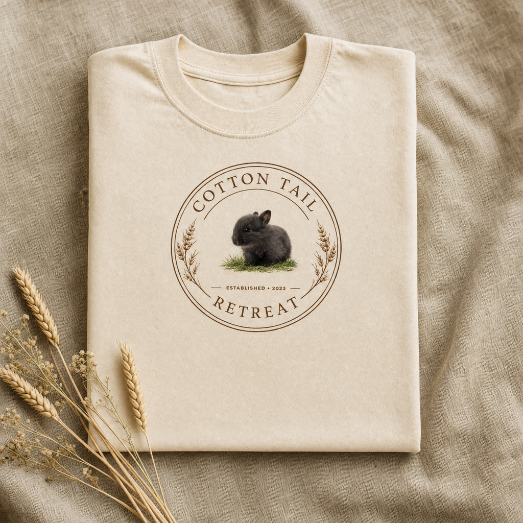 Cotton Tail Retreat logo tee in Natural — folded on linen flat-lay with wheat