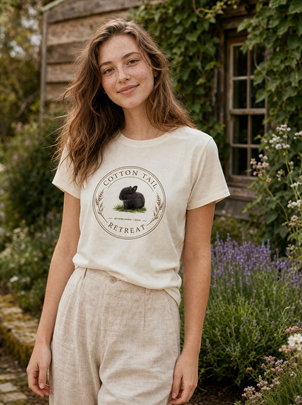 Cotton Tail Retreat logo tee worn by a model in a Tasmanian cottage garden
