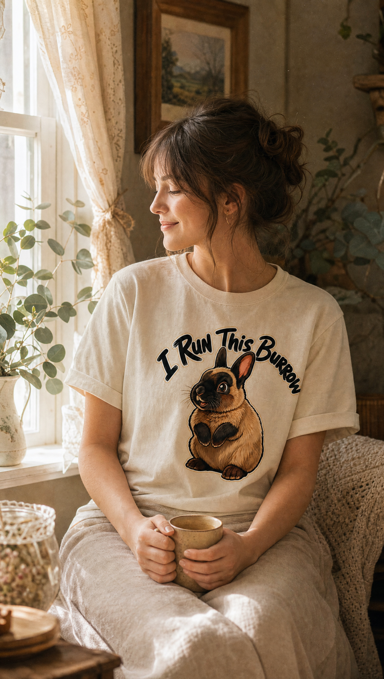 Woman wearing the I Run This Burrow rabbit tee with a mug by a sunlit window, cottagecore lifestyle