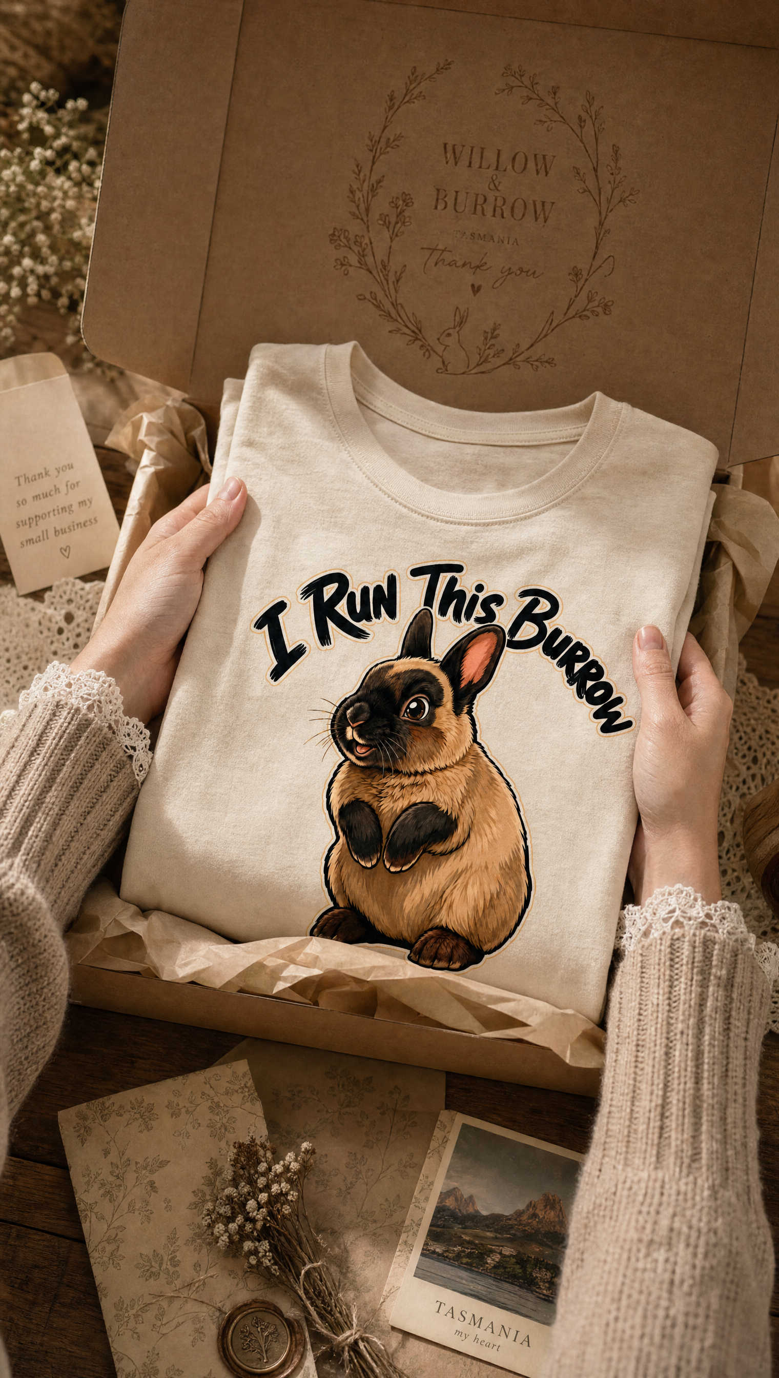 I Run This Burrow tee unboxing in premium kraft packaging from Tasmania