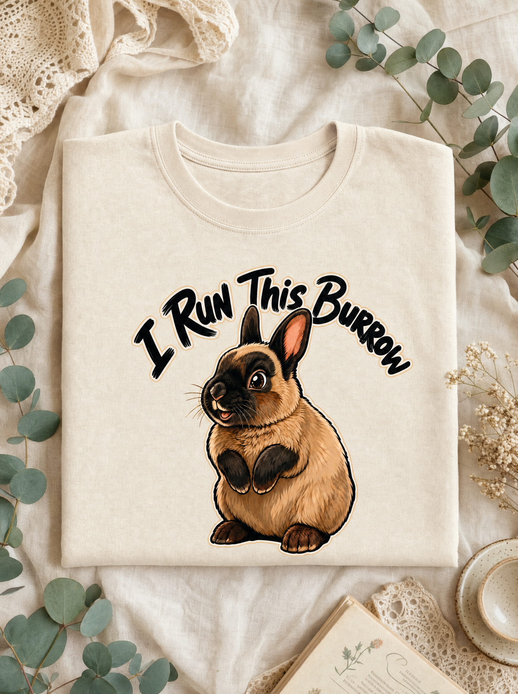 I Run This Burrow natural tee folded flat-lay with eucalyptus