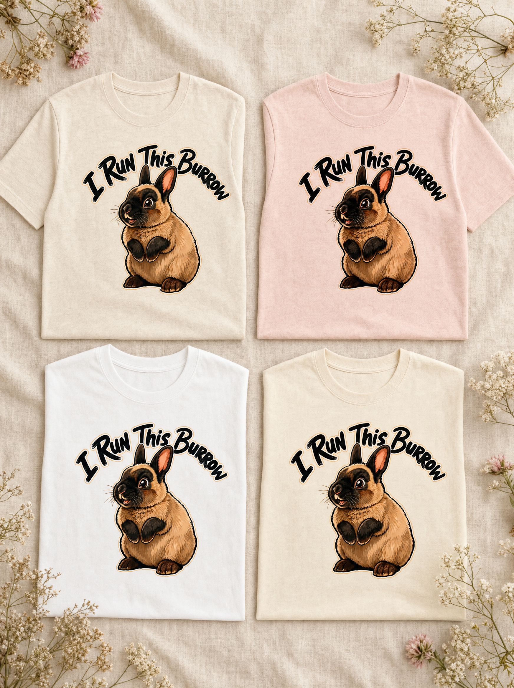 I Run This Burrow tee in four colourways - natural, pink, white, ecru
