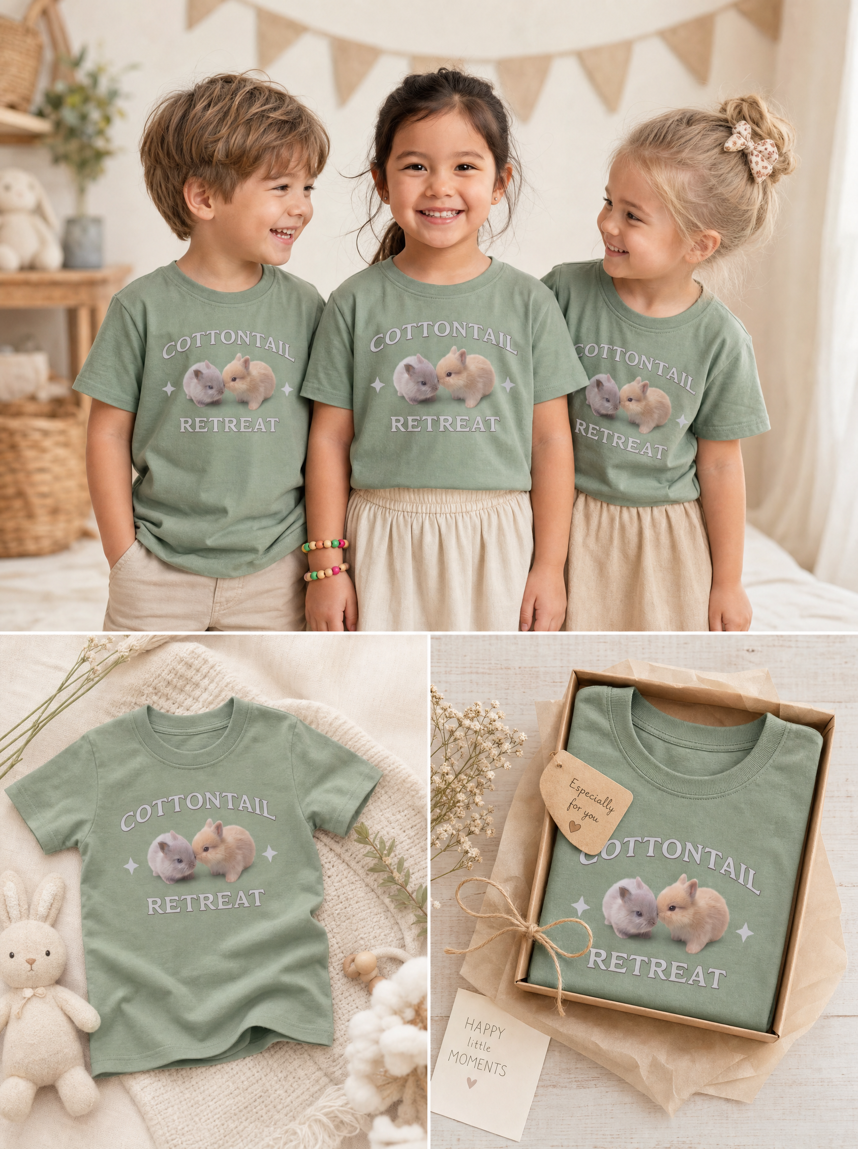 Three children in sage Cottontail Duo kids tees with a gift-wrapped tee