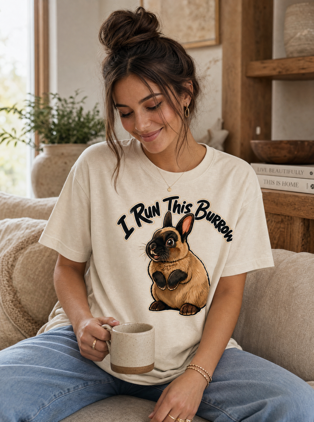 Woman in the I Run This Burrow tee in a cosy home setting
