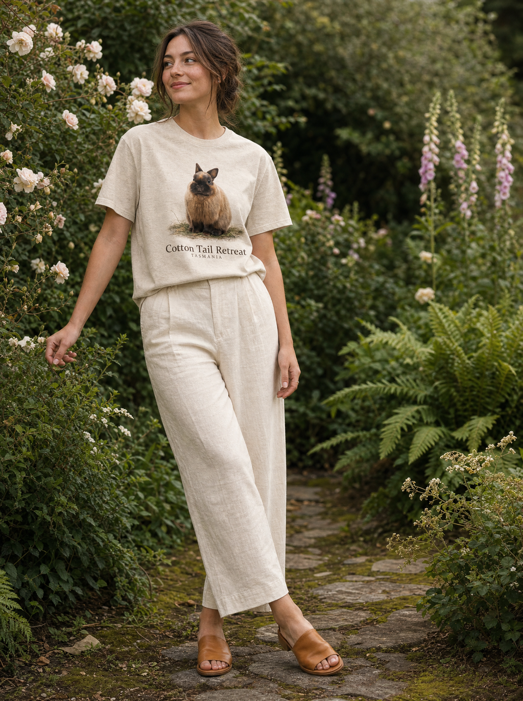 Wombat Signature Tee on model - Tasmanian garden
