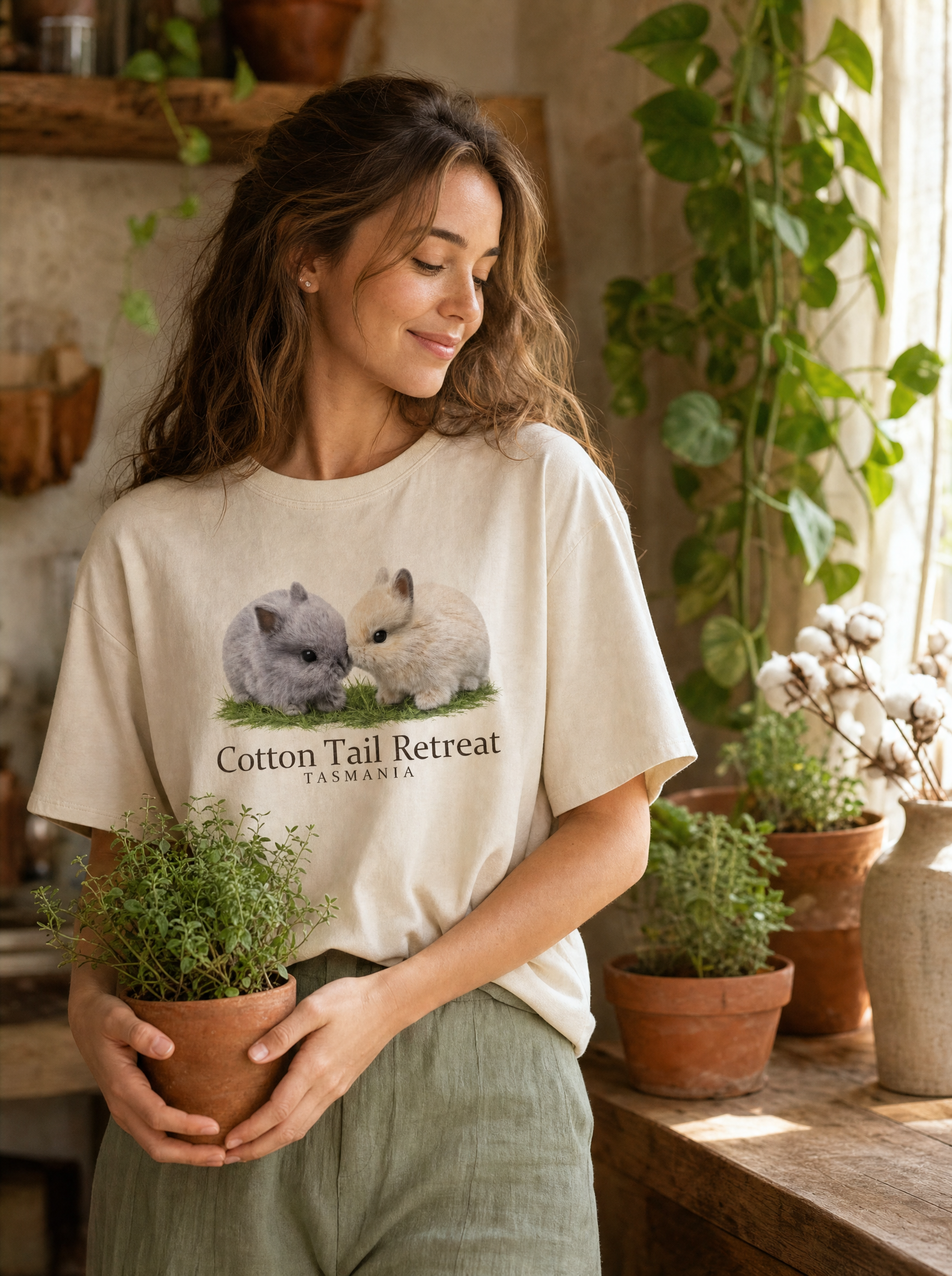 Pascal & Cookie Tee on model - cozy indoor