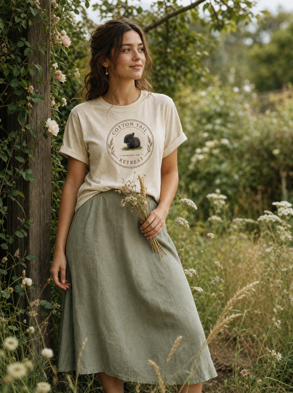 Cotton Tail Logo Tee on model - garden