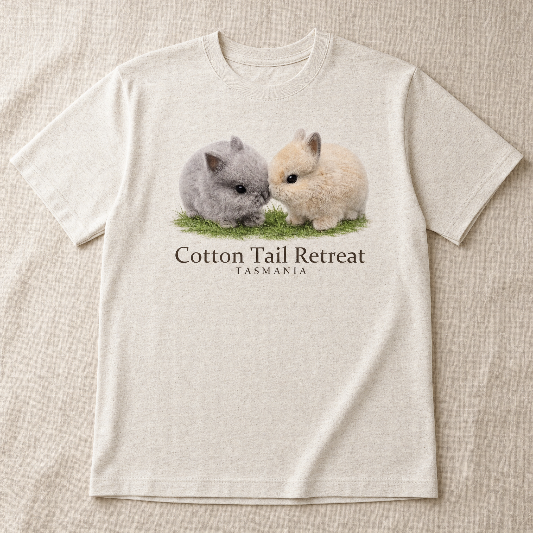Pascal & Cookie tee in Ecru — two baby rabbits print