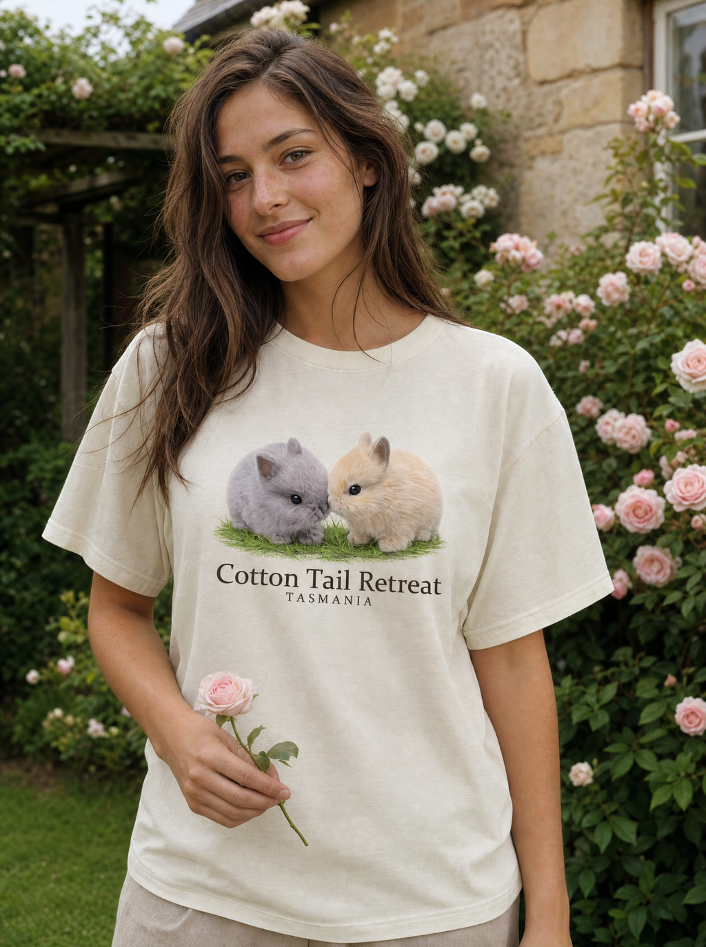 Pascal & Cookie tee worn by a model in a Tasmanian cottage garden
