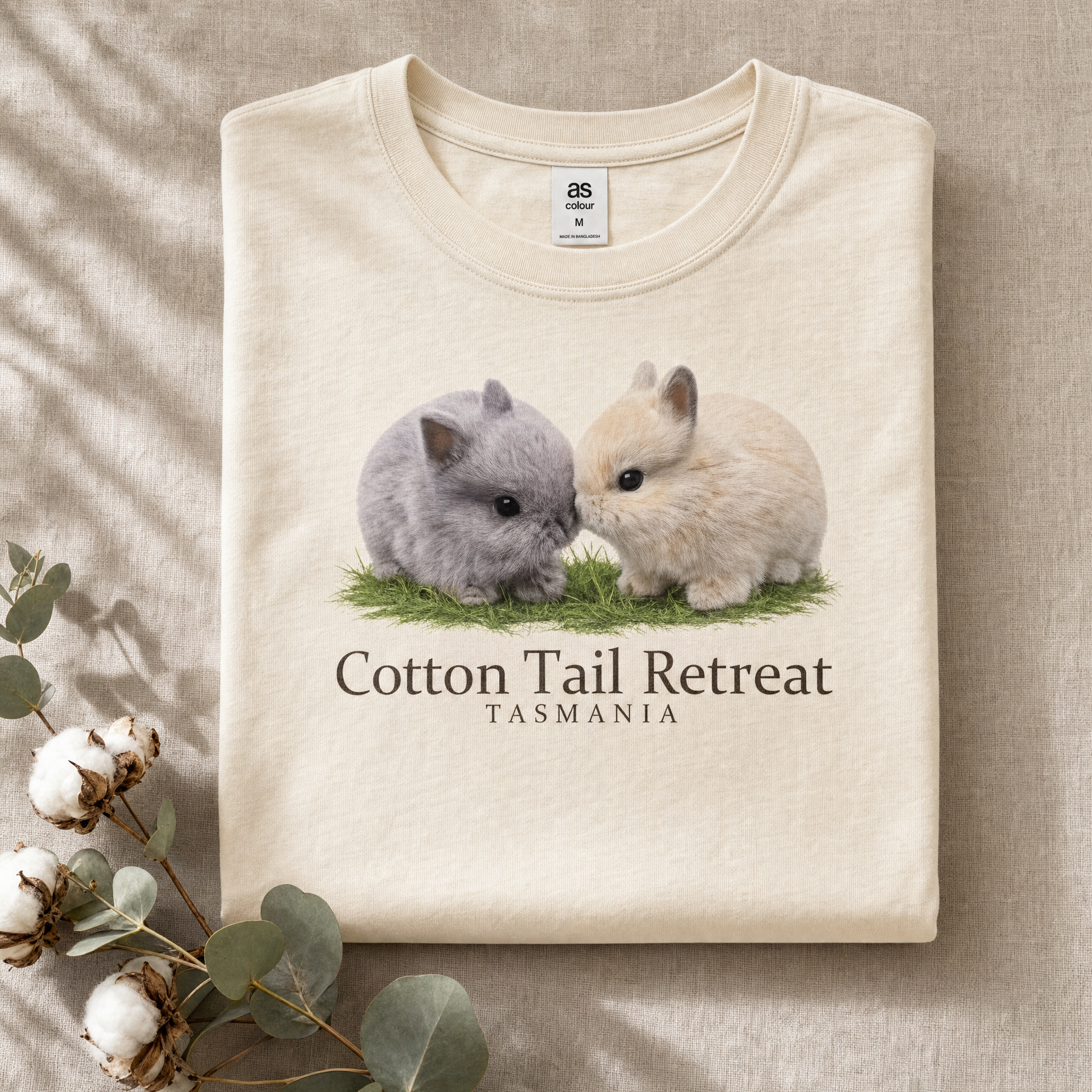 Pascal & Cookie tee in Natural — two baby rabbits print, Cotton Tail Retreat Tasmania