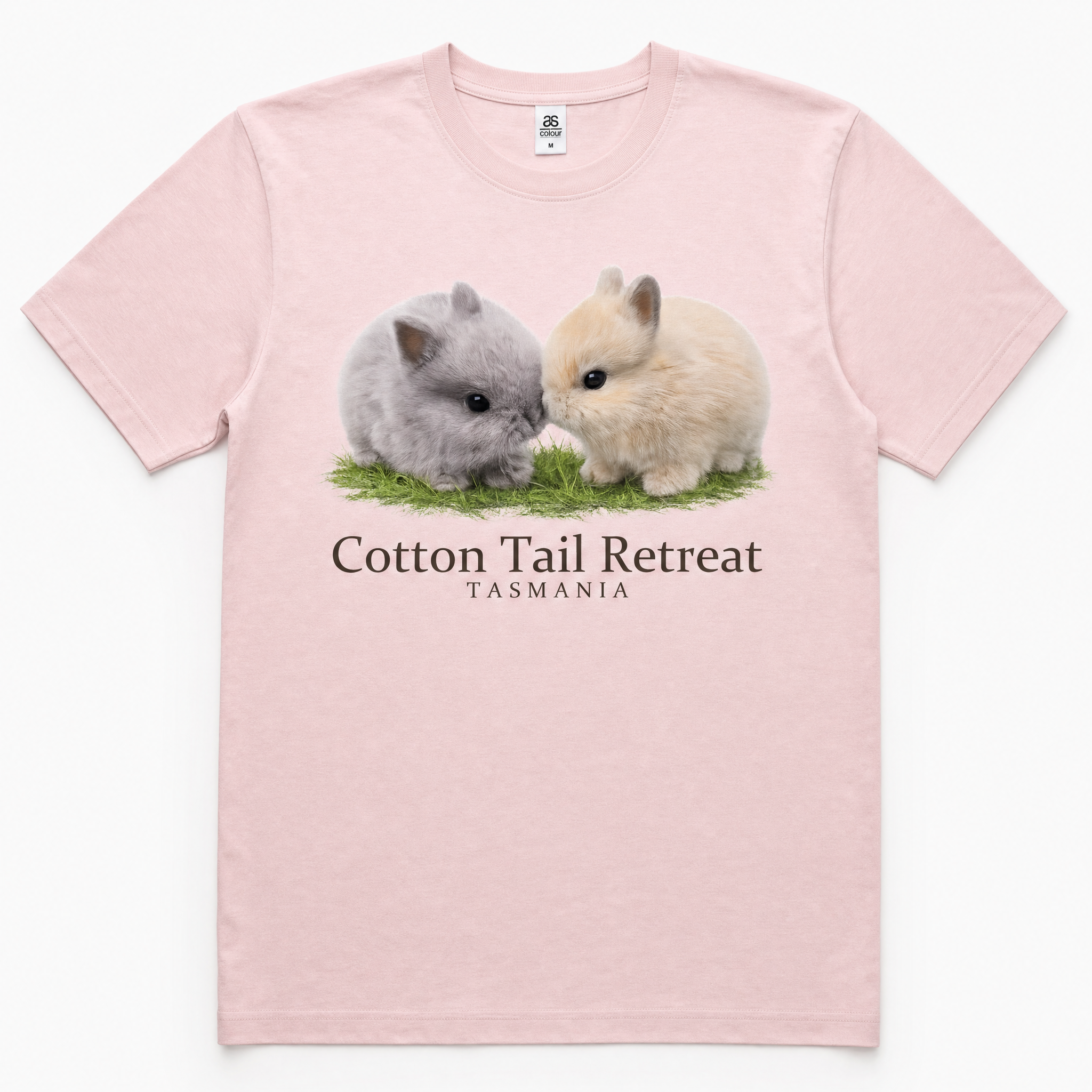 Pascal & Cookie tee in Pink — two baby rabbits print