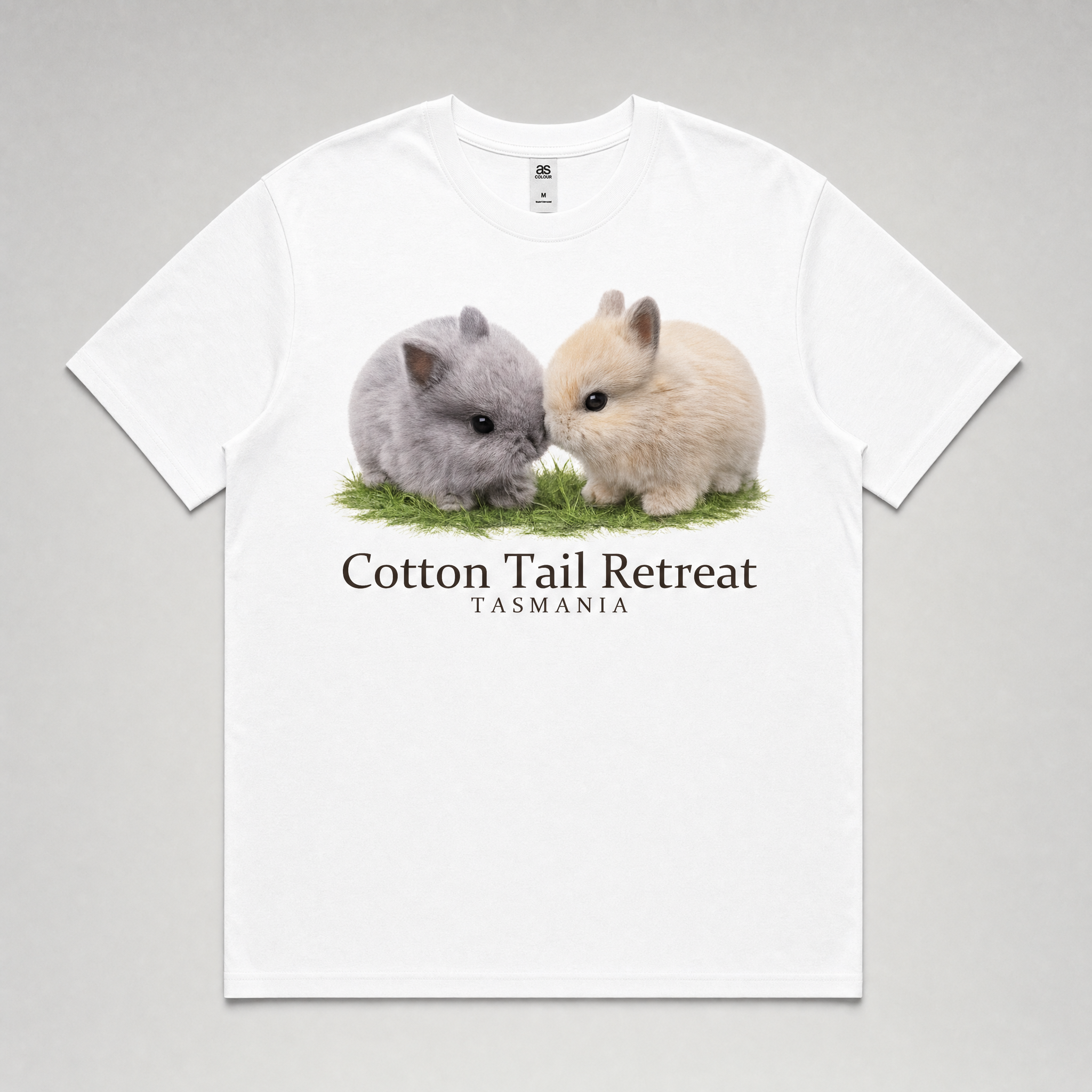 Pascal & Cookie tee in White — two baby rabbits print