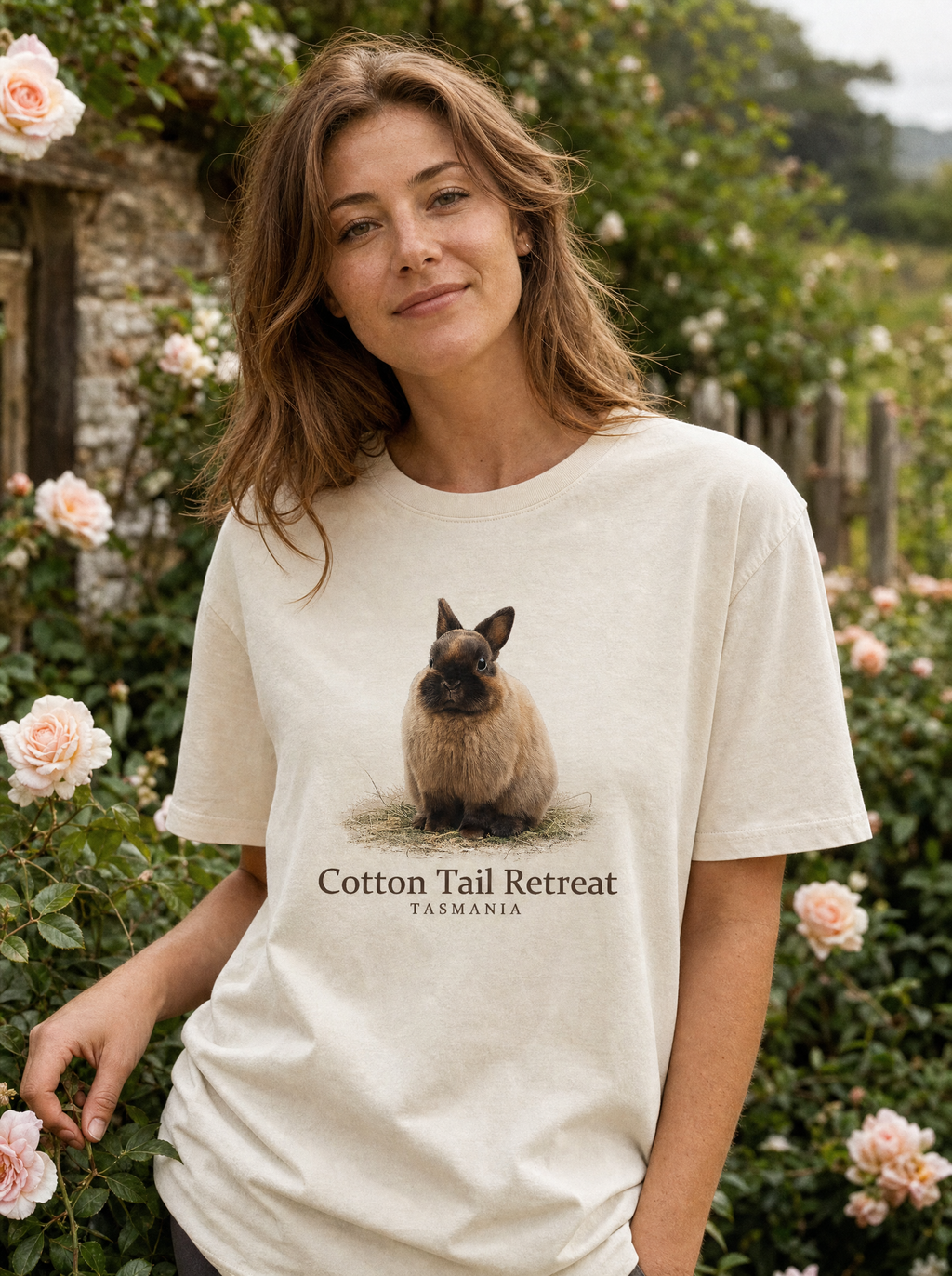 Wombat Signature tee worn by a model in a Tasmanian garden