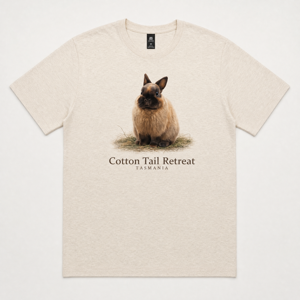 Wombat Signature tee in Natural — Wombat rabbit print, Cotton Tail Retreat Tasmania