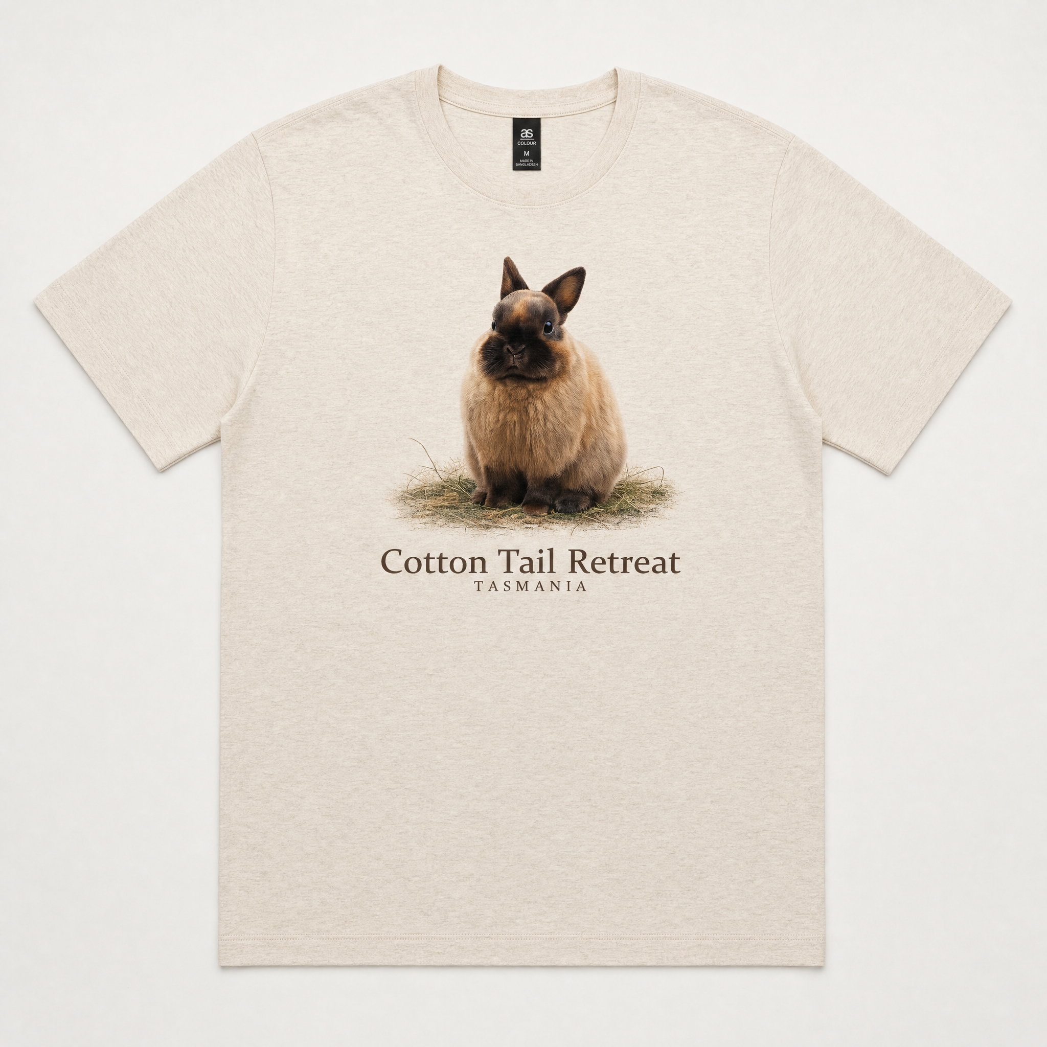 Wombat Signature tee in Natural — Wombat rabbit print, Cotton Tail Retreat Tasmania