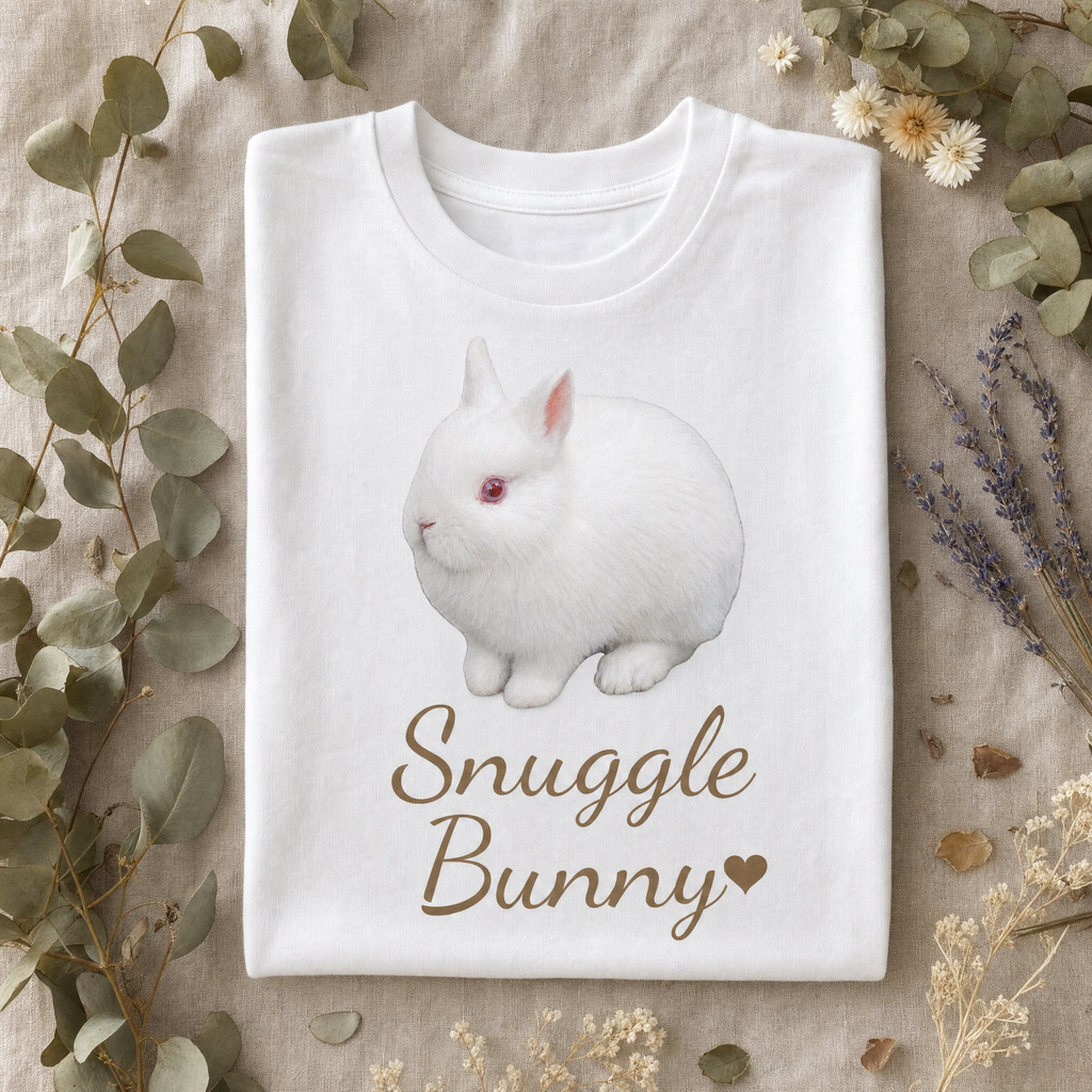 Snuggle Bunny kids tee folded on linen with eucalyptus, white rabbit and Snuggle Bunny script print - Cotton Tail Retreat