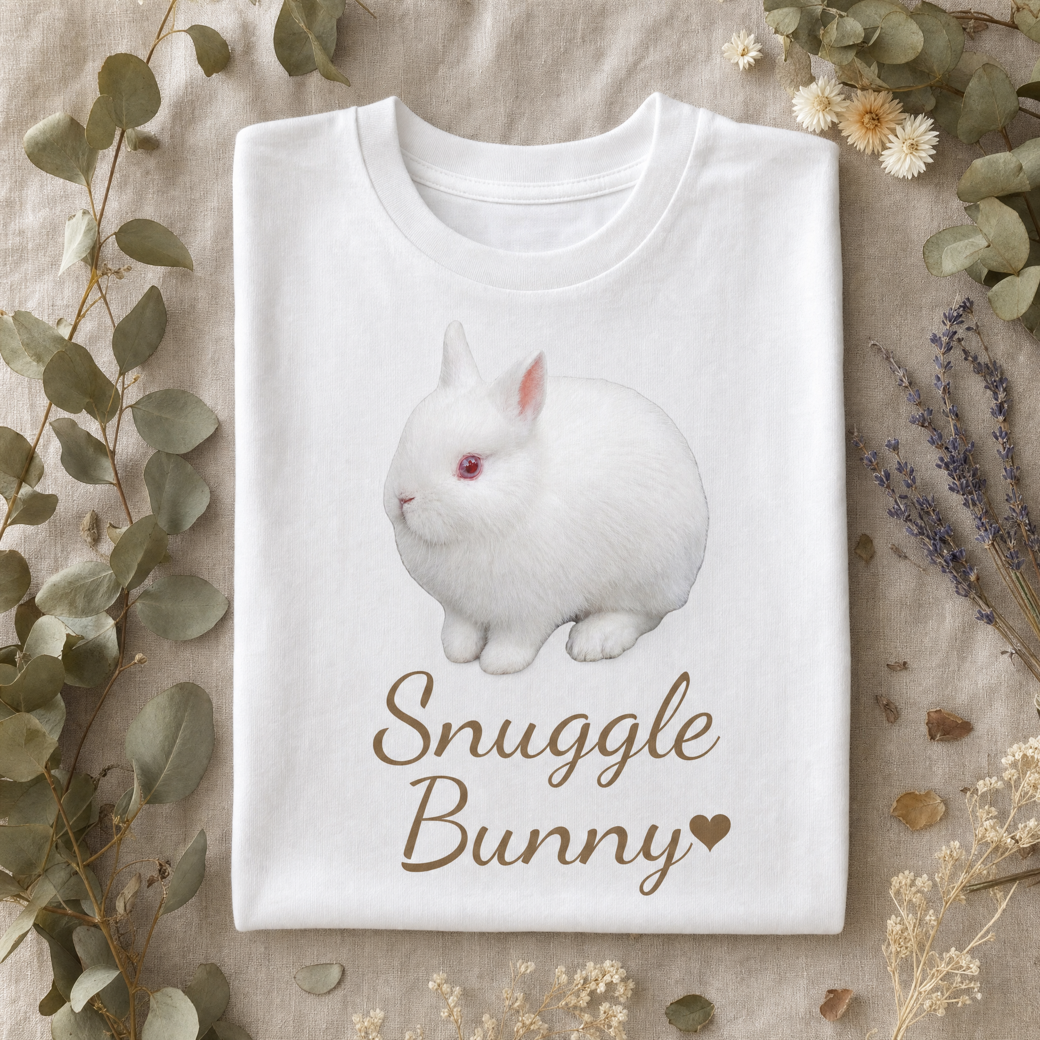 Snuggle Bunny kids tee folded on linen with eucalyptus, white rabbit and Snuggle Bunny script print - Cotton Tail Retreat