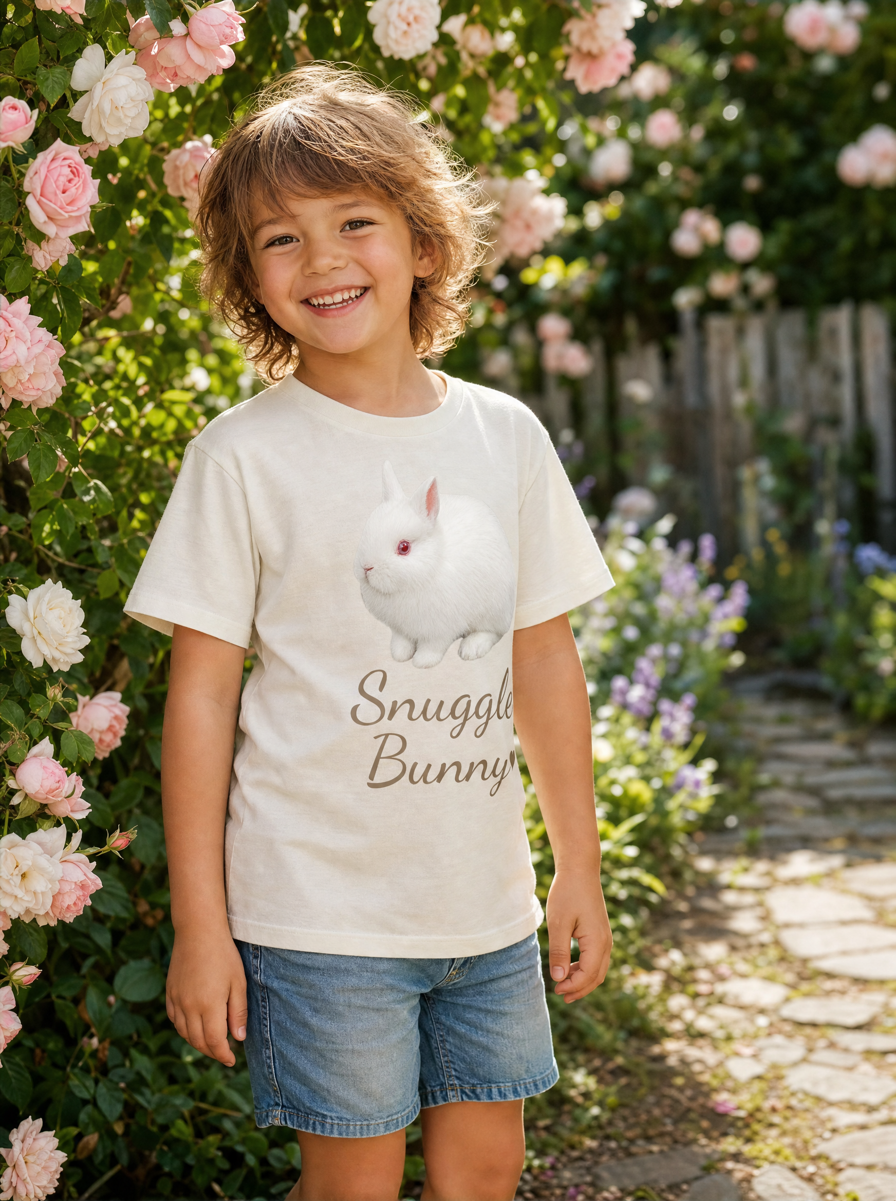 Child wearing Snuggle Bunny kids tee in a Tasmanian cottage rose garden - Cotton Tail Retreat