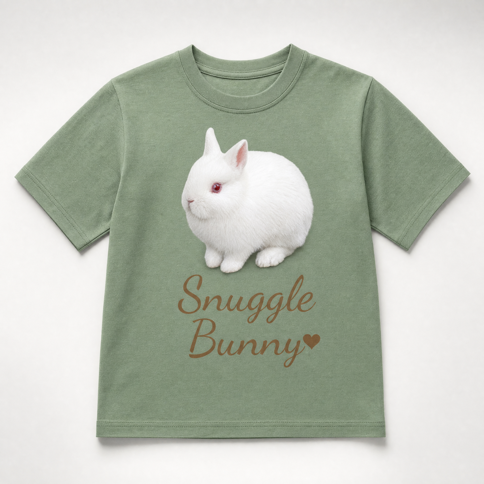 Sage Snuggle Bunny kids tee with rabbit and script print - Cotton Tail Retreat